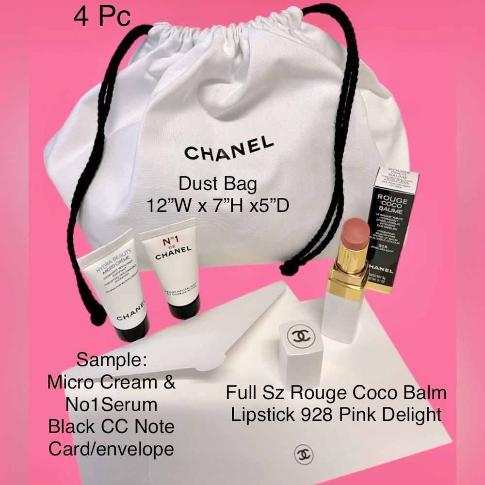 Chanel NIB 4 PcBeautySet FullSzRougeCoco Lipstick #928 Pink/Dust Bag/2 s…